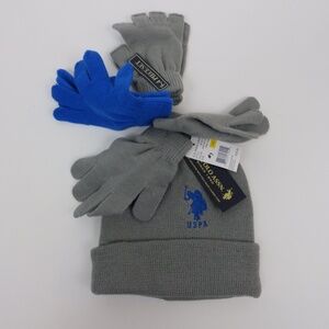 USPA Youth 4 Pc Beanie Glove Set Grey & Blue NWT 2014 New old stock